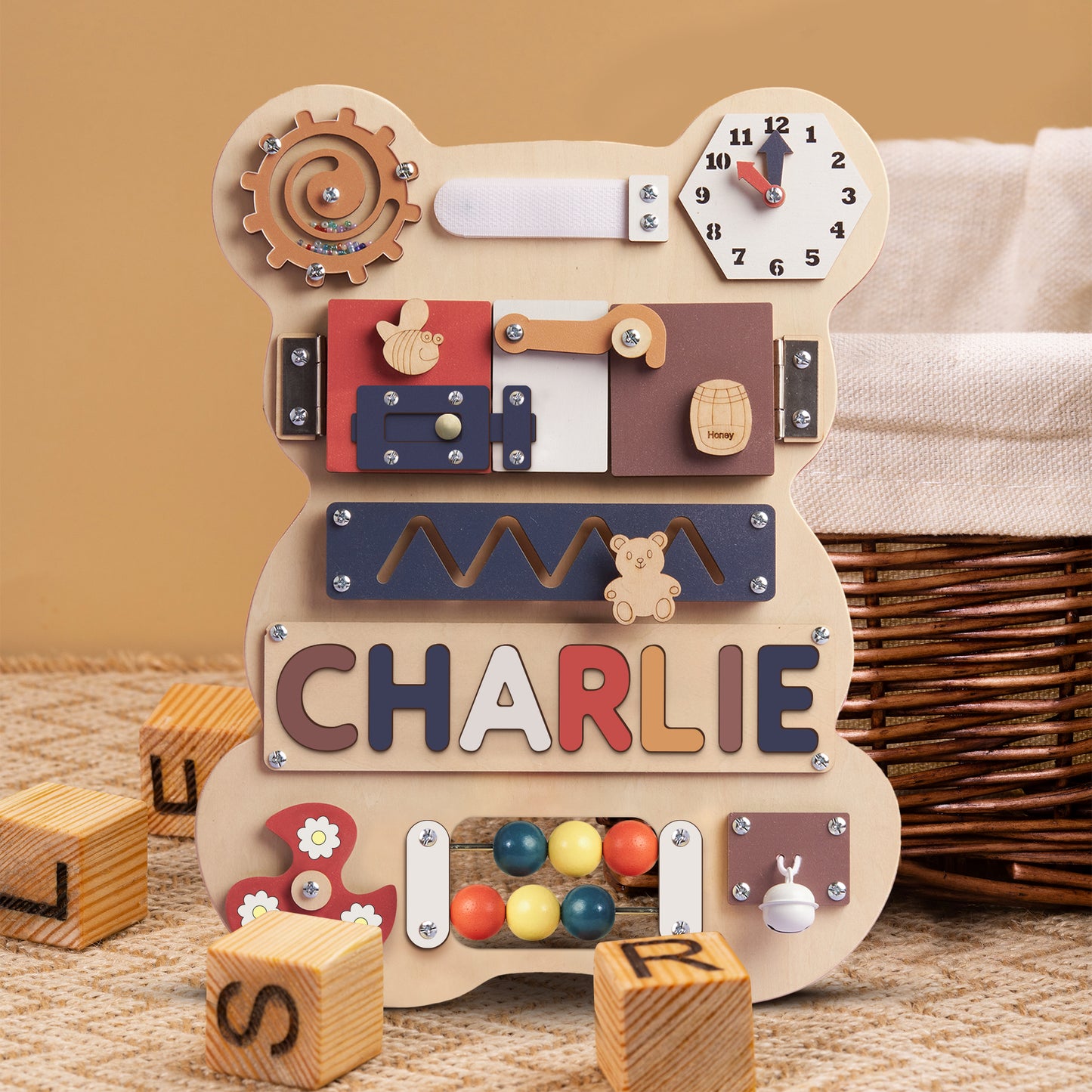 Personalized Bear Busy Board - Wooden Montessori Toys - BB04